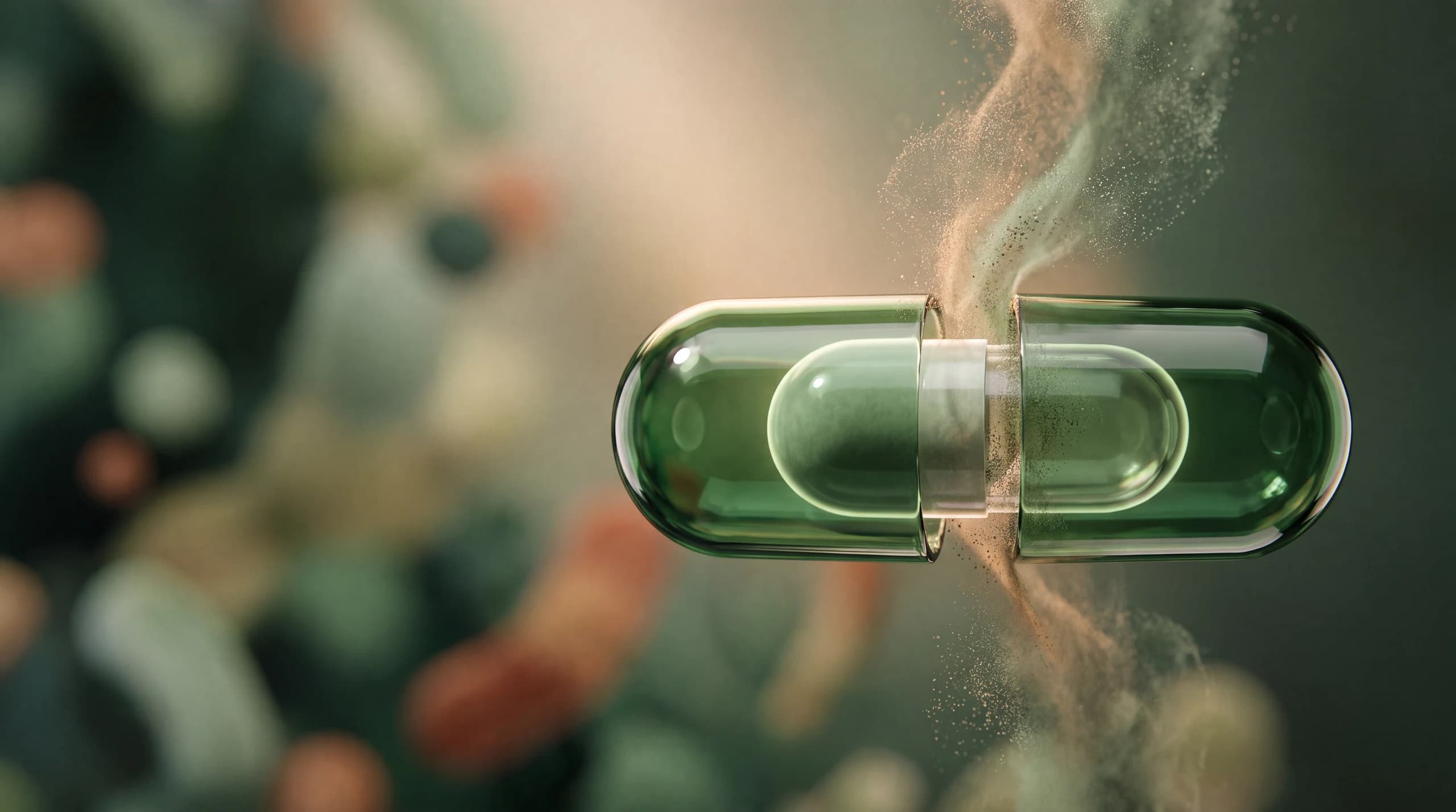 Capsule NAWA 2-en-1 : une capsule végétale ouverte révélant une seconde capsule à l’intérieur, au cœur du microbiote