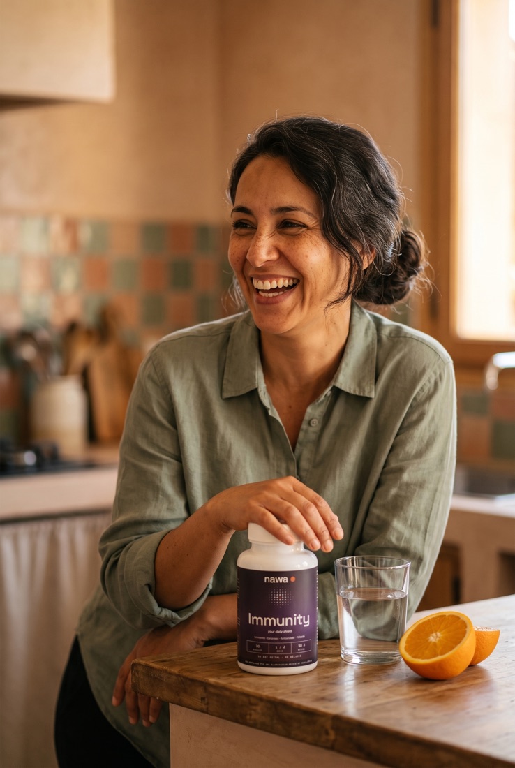 Membre NAWA souriante dans sa cuisine avec le flacon Immunity